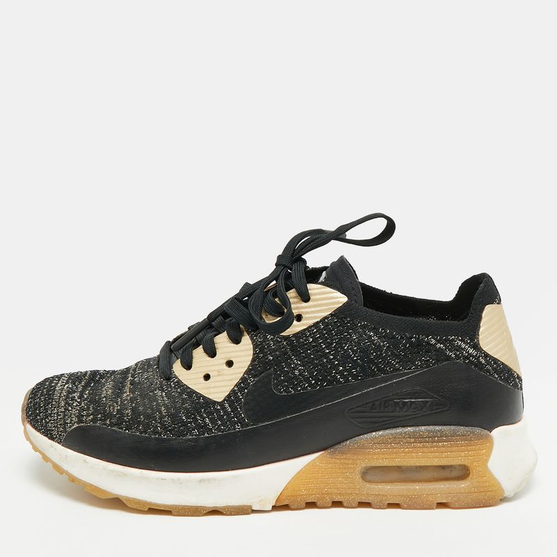 Nike Flyknit Max 90 Ultra 2.0 Size 38 Black/Gold Leather And Lurex Fabric Lace
